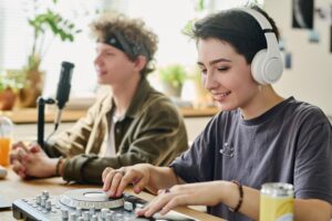 happy teenage girl in headphones making music on t 2025 03 14 15 19 24 utc min